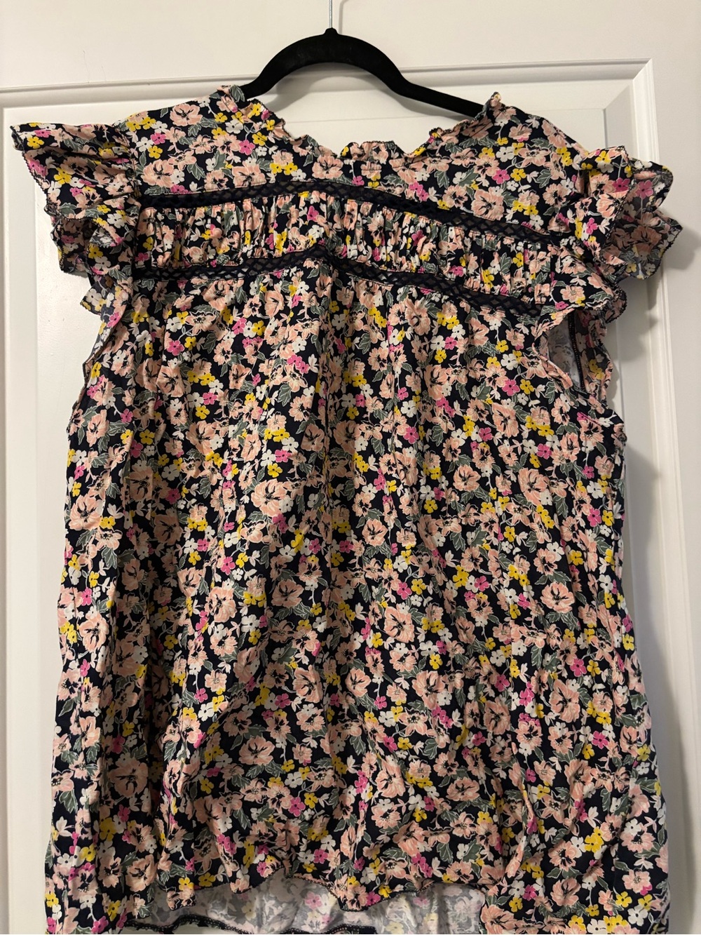 Lane Bryant Navy Floral Flutter Sleeve Blouse with Pink & Yellow Accents
